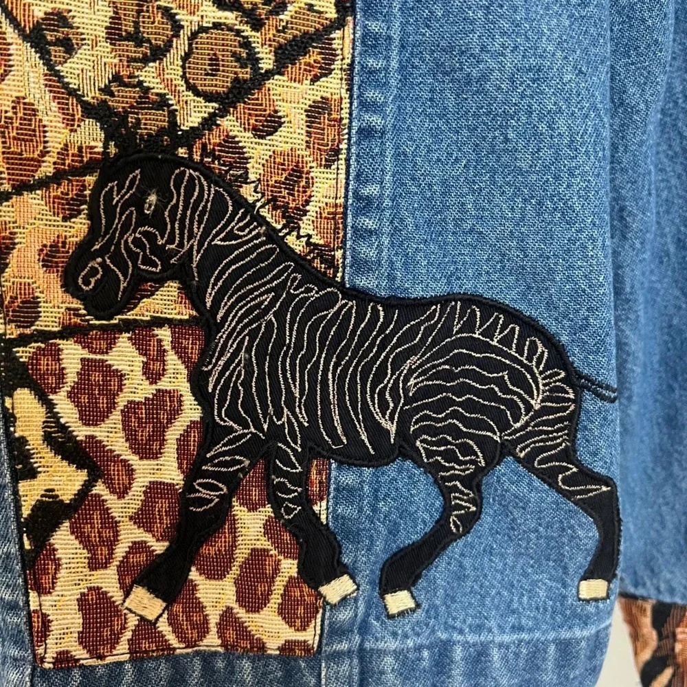 Vintage TanTrums Blue Cotton Denim Patchwork Animal Print Safari Jacket Medium